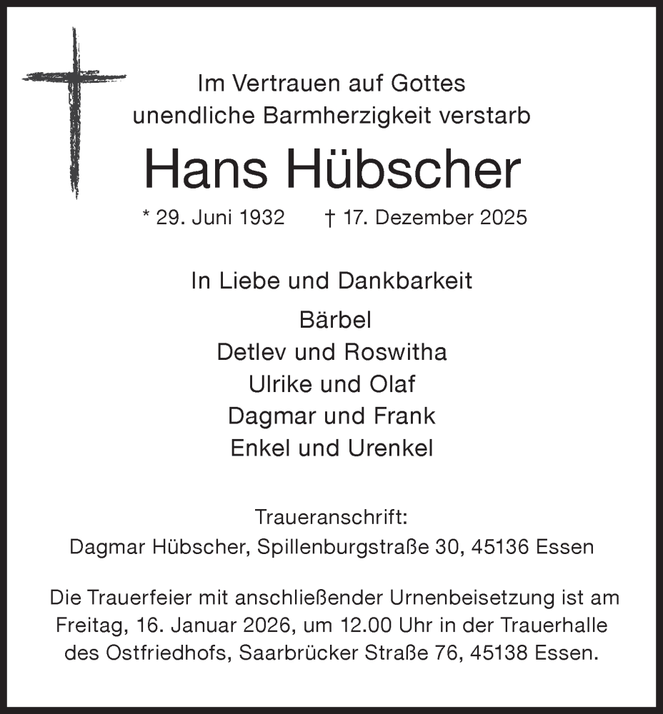  Traueranzeige für Hans Hübscher vom 03.01.2026 aus Tageszeitung