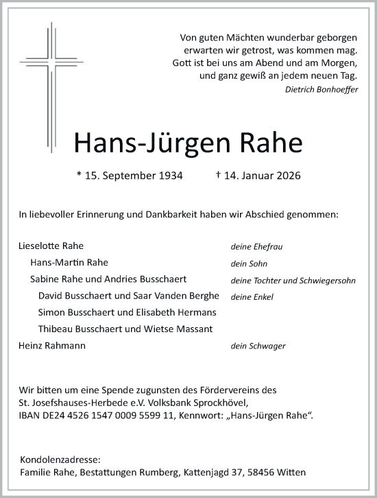 Traueranzeige von Hans-Jürgen Rahe von Tageszeitung
