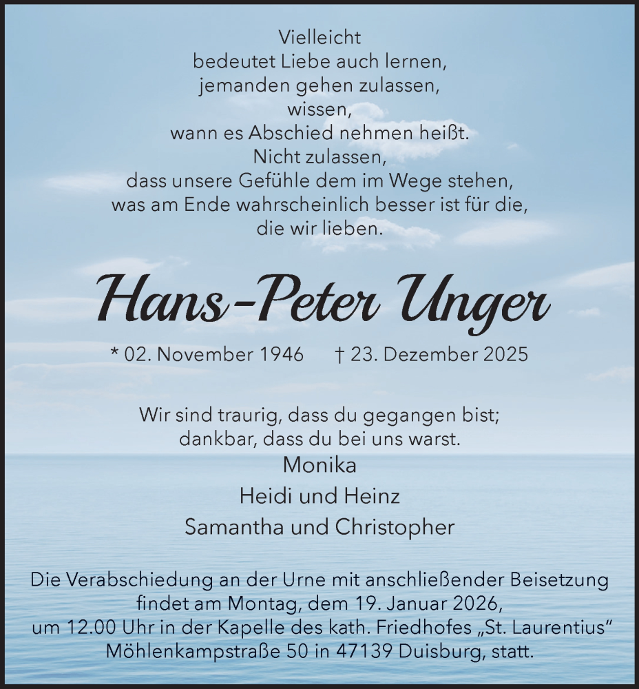  Traueranzeige für Hans-Peter Unger vom 17.01.2026 aus Tageszeitung