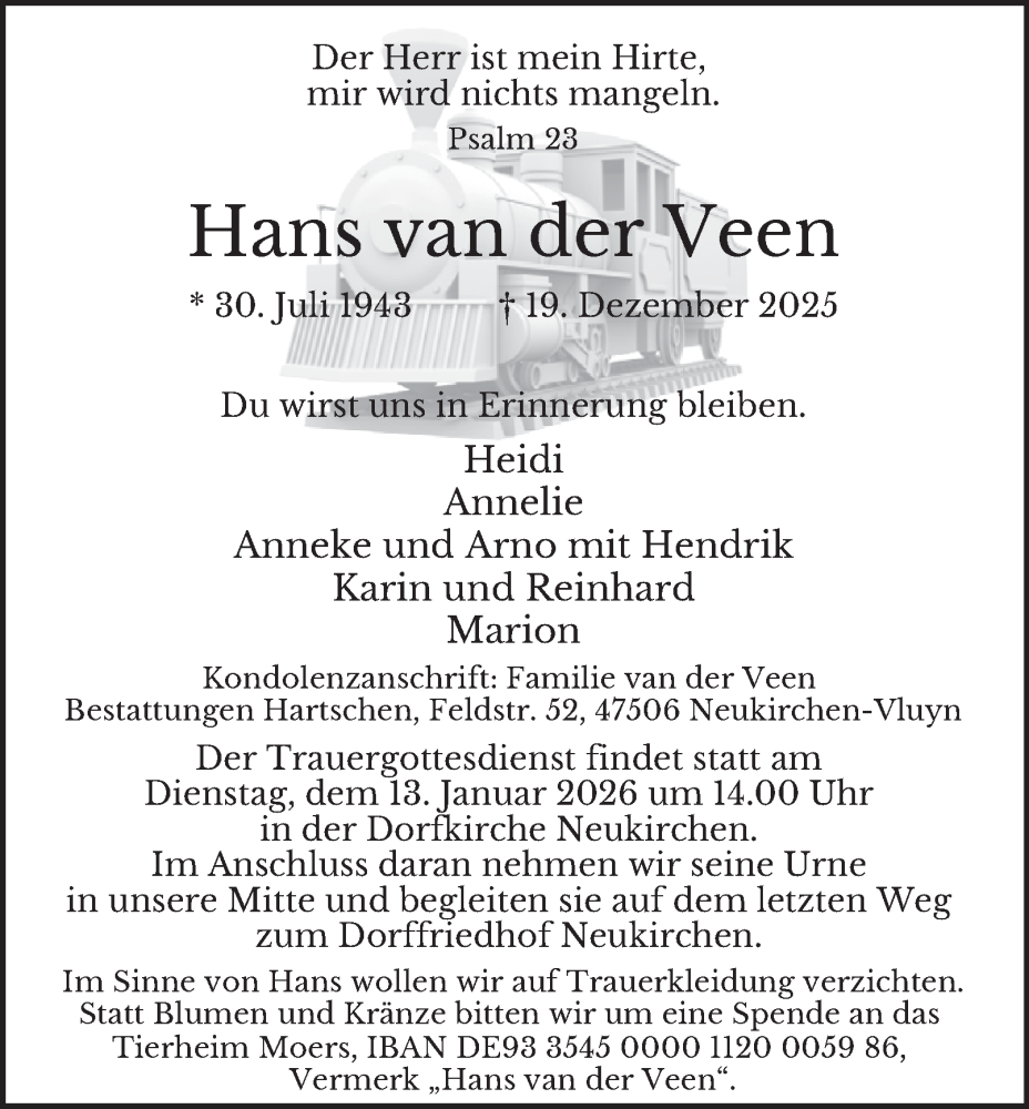  Traueranzeige für Hans van der Veen vom 10.01.2026 aus Tageszeitung