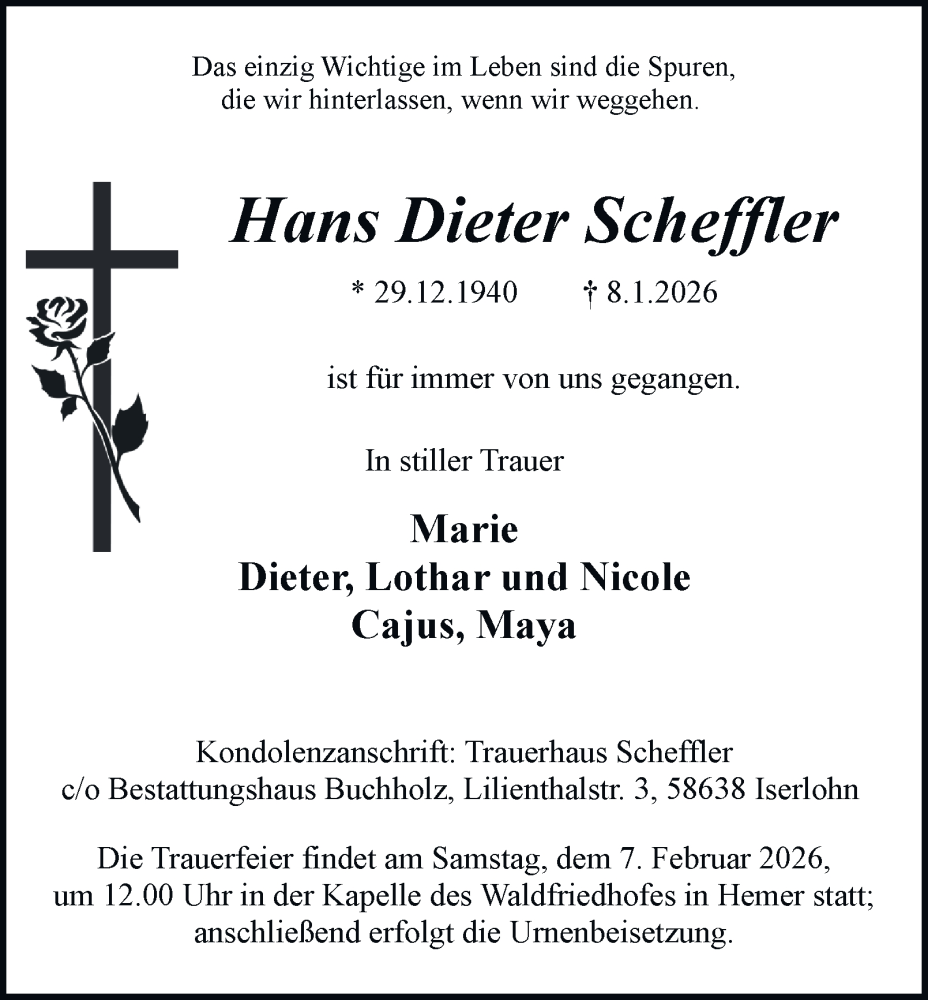  Traueranzeige für Hans Dieter Scheffler vom 24.01.2026 aus Tageszeitung