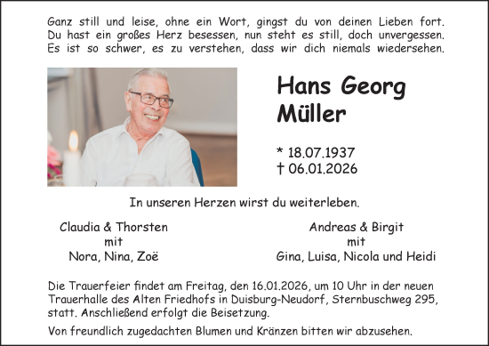 Traueranzeige von Hans Georg Müller von Tageszeitung