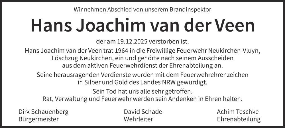  Traueranzeige für Hans Joachim van der Veen vom 15.01.2026 aus Tageszeitung