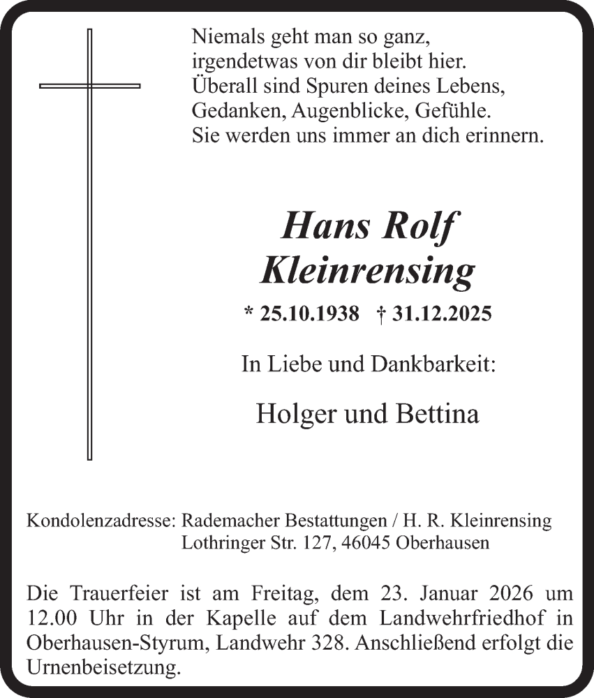  Traueranzeige für Hans Rolf Kleinrensing vom 15.01.2026 aus Tageszeitung