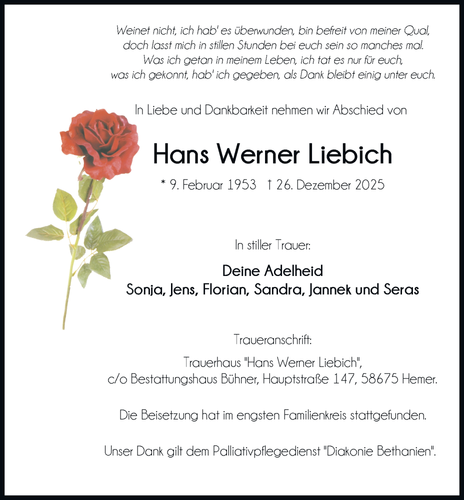  Traueranzeige für Hans Werner Liebich vom 24.01.2026 aus Tageszeitung