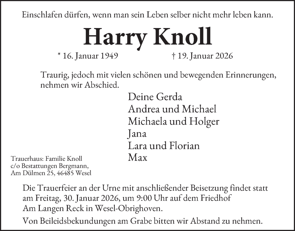  Traueranzeige für Harry Knoll vom 27.01.2026 aus Tageszeitung