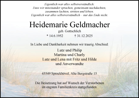 Traueranzeige von Heidemarie Geldmacher von Tageszeitung