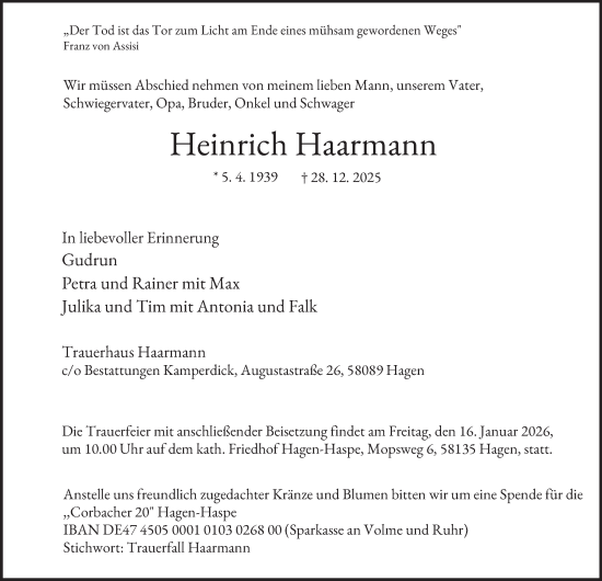 Traueranzeige von Heinrich Haarmann von Tageszeitung