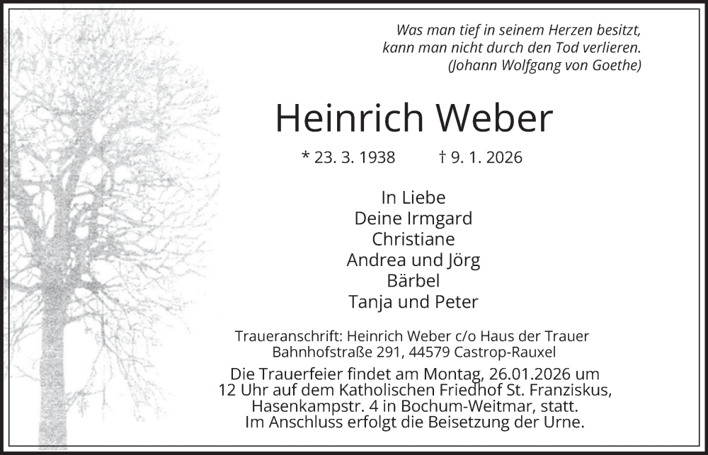  Traueranzeige für Heinrich Weber vom 24.01.2026 aus Tageszeitung