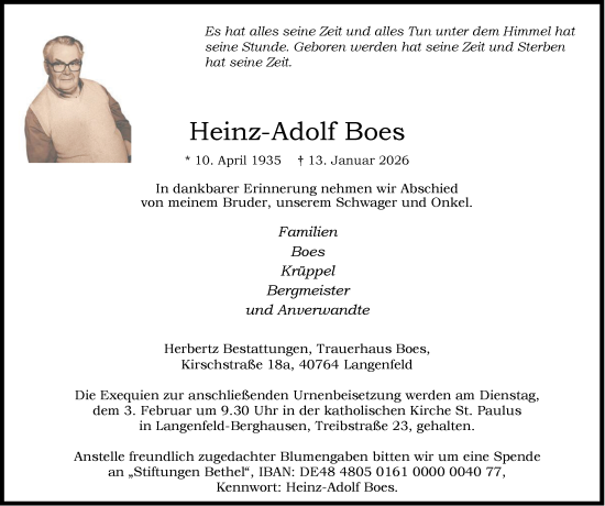 Traueranzeige von Heinz-Adolf Boes von Tageszeitung
