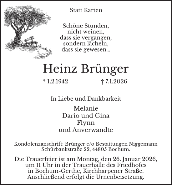 Traueranzeige von Heinz Brünger von Tageszeitung