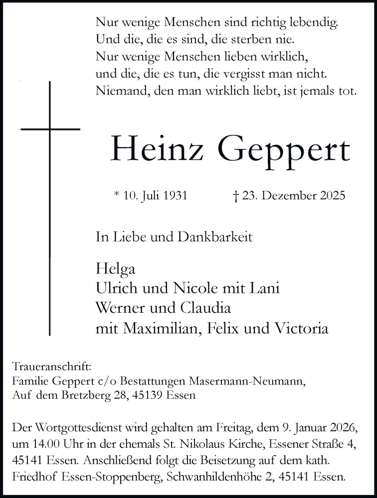  Traueranzeige für Heinz Geppert vom 07.01.2026 aus Tageszeitung