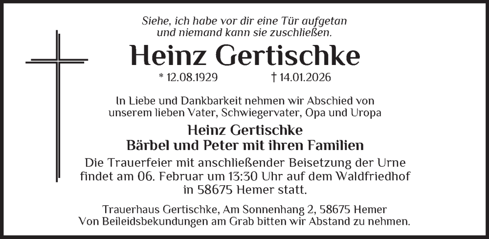 Traueranzeige für Heinz Gertischke vom 17.01.2026 aus Tageszeitung