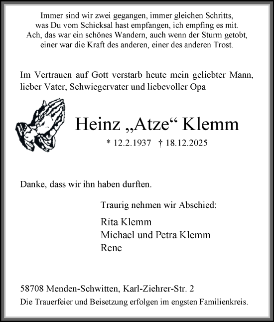 Traueranzeige von Heinz Klemm von Tageszeitung