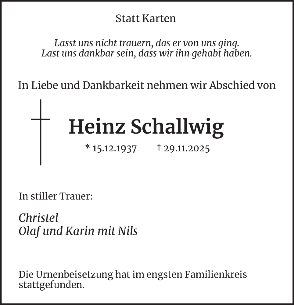  Traueranzeige für Heinz Schallwig vom 17.01.2026 aus Tageszeitung