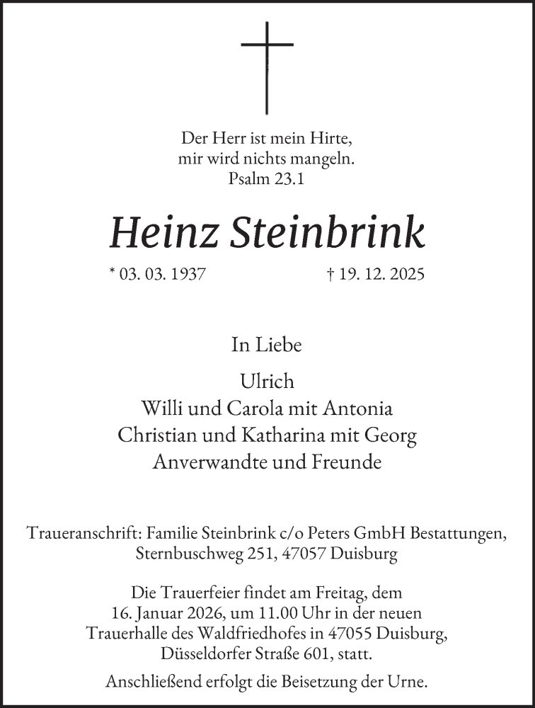  Traueranzeige für Heinz Steinbrink vom 10.01.2026 aus Tageszeitung