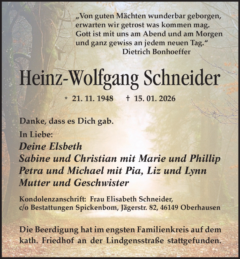  Traueranzeige für Heinz-Wolfgang Schneider vom 31.01.2026 aus Tageszeitung