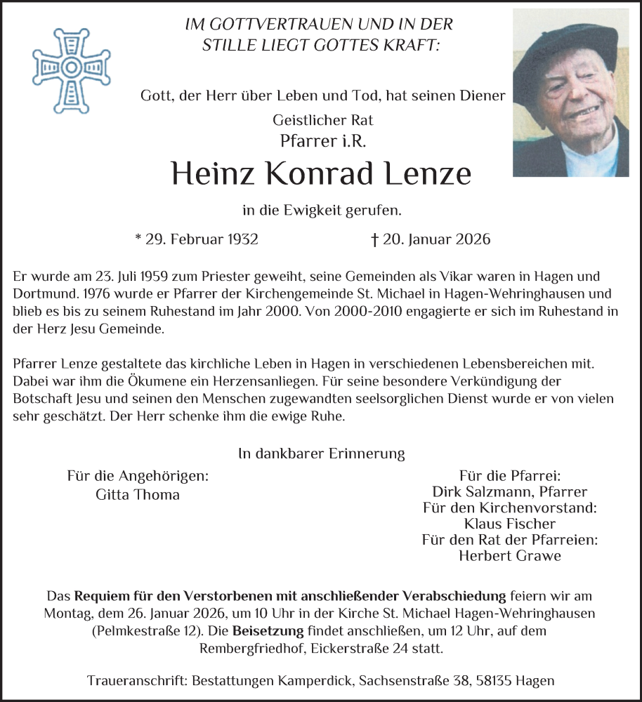  Traueranzeige für Heinz Konrad Lenze vom 24.01.2026 aus Tageszeitung