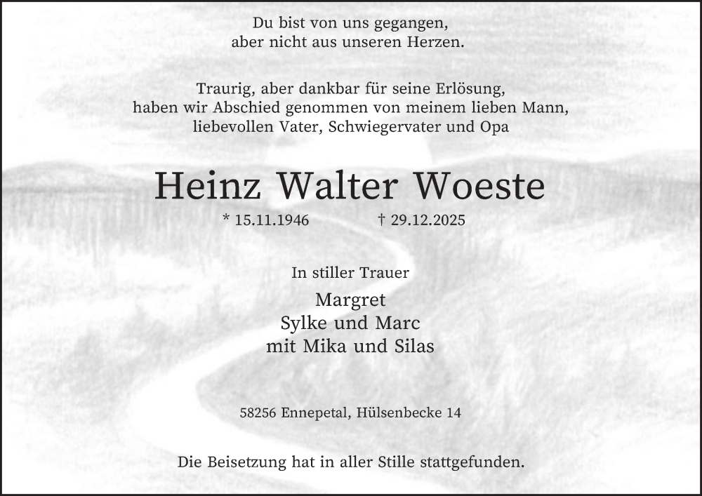  Traueranzeige für Heinz Walter Woeste vom 17.01.2026 aus Tageszeitung