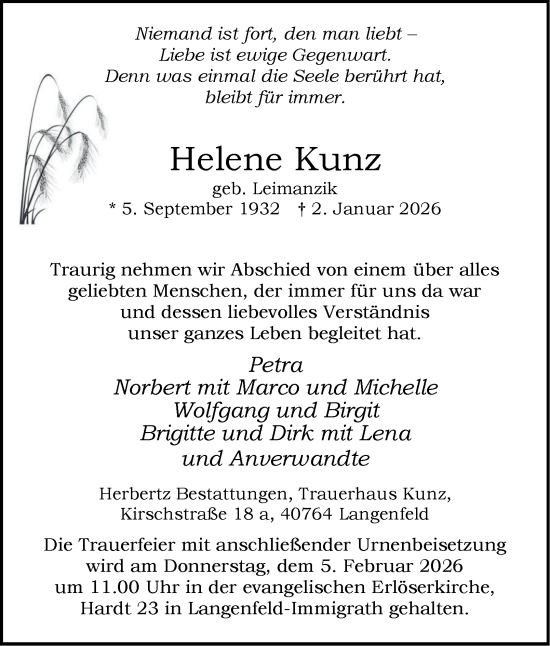 Traueranzeige von Helene Kunz von Tageszeitung