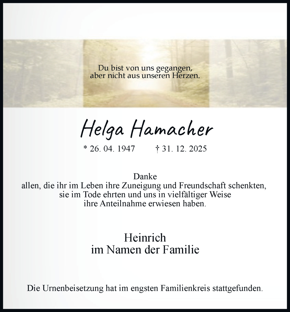  Traueranzeige für Helga Hamacher vom 24.01.2026 aus Tageszeitung