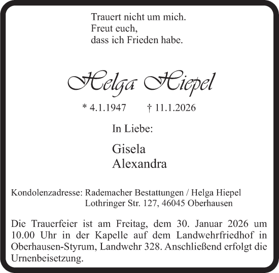 Traueranzeige von Helga Hiepel von Tageszeitung