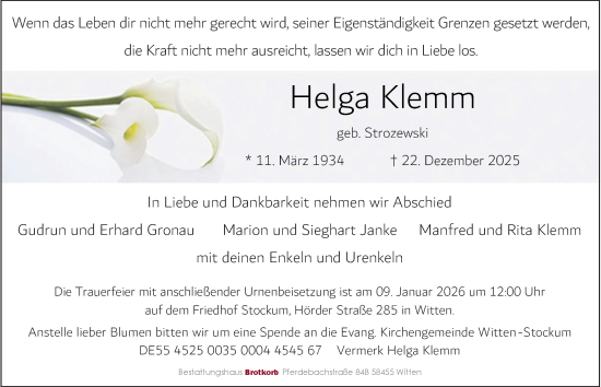 Traueranzeige von Helga Klemm von Tageszeitung