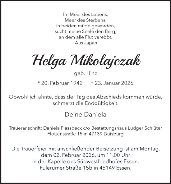 Traueranzeige von Helga Mikolajczak von Tageszeitung