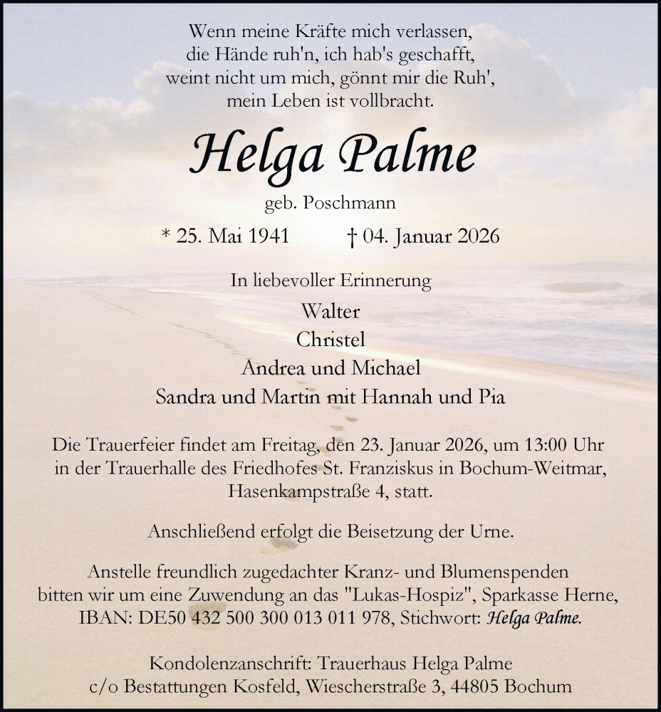  Traueranzeige für Helga Palme vom 17.01.2026 aus Tageszeitung
