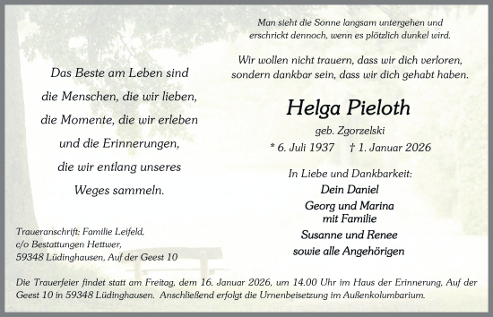 Traueranzeige von Helga Pieloth von Tageszeitung