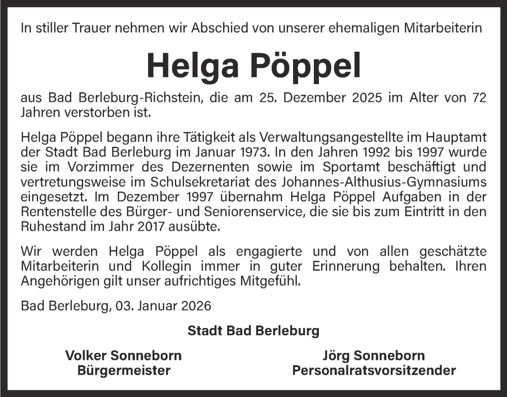  Traueranzeige für Helga Pöppel vom 06.01.2026 aus Tageszeitung