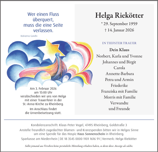 Traueranzeige von Helga Riekötter von Tageszeitung