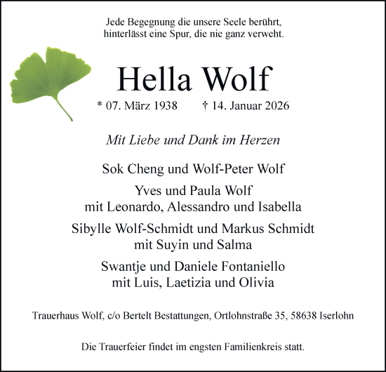 Traueranzeige von Hella Wolf von Tageszeitung