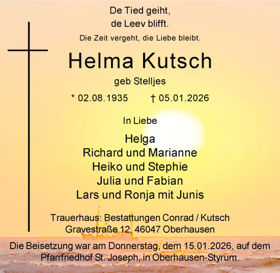 Traueranzeige von Helma Kutsch von Tageszeitung