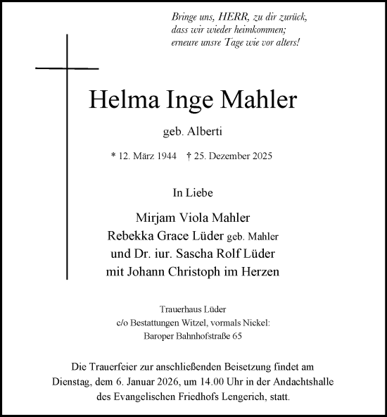 Traueranzeige von Helma Inge Mahler von Tageszeitung