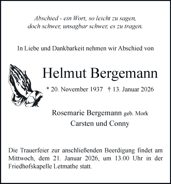 Traueranzeige von Helmut Bergemann von Tageszeitung