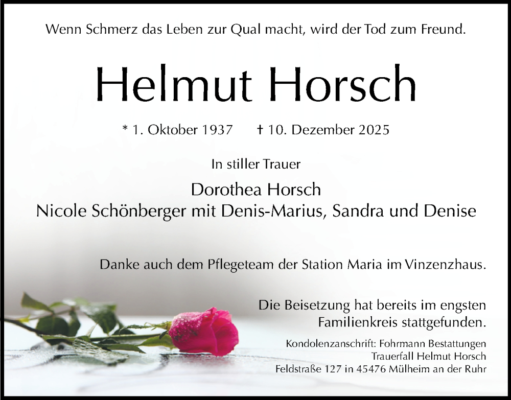  Traueranzeige für Helmut Horsch vom 10.01.2026 aus Tageszeitung