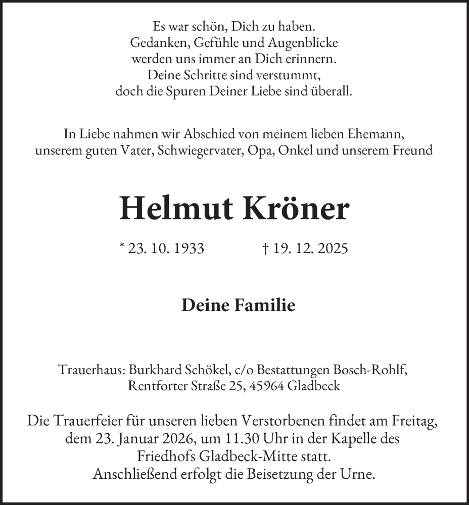  Traueranzeige für Helmut Kröner vom 10.01.2026 aus Tageszeitung