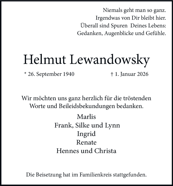 Traueranzeige von Helmut Lewandowsky von Tageszeitung