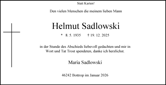 Traueranzeige von Helmut Sadlowski von Tageszeitung