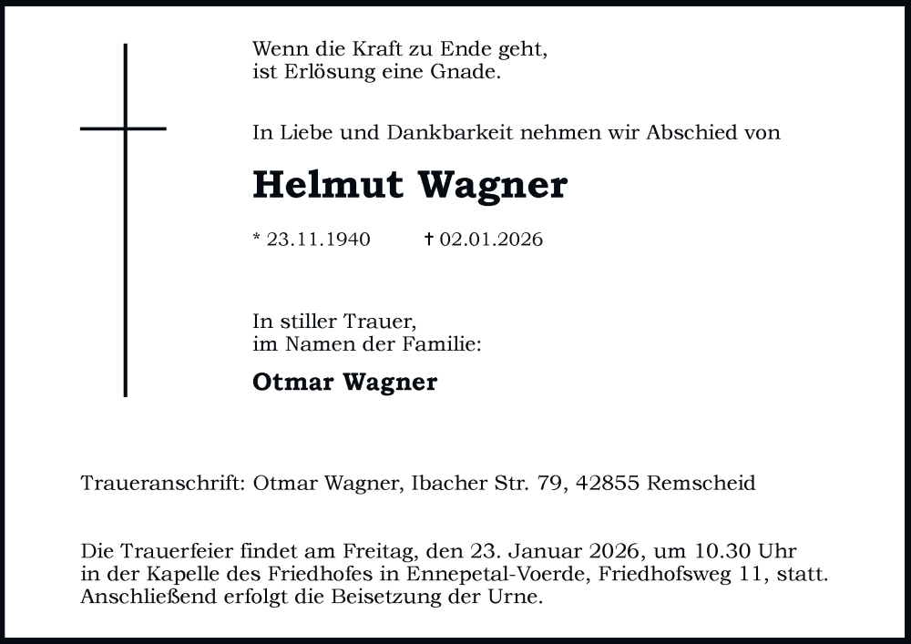  Traueranzeige für Helmut Wagner vom 17.01.2026 aus Tageszeitung