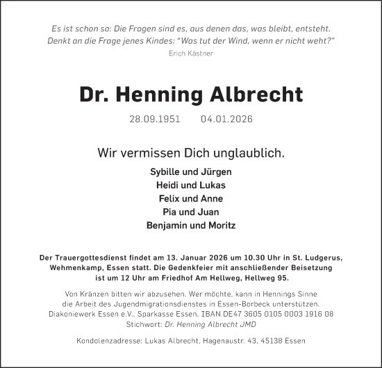 Traueranzeige von Henning Albrecht von Tageszeitung