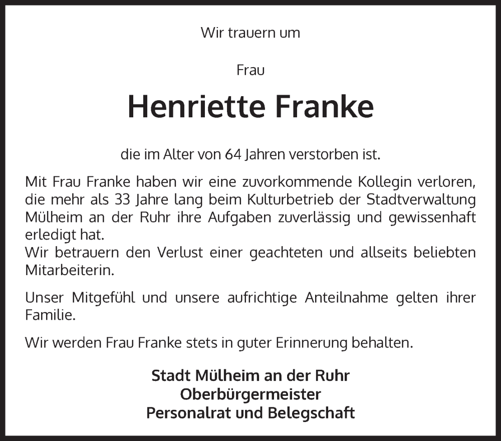  Traueranzeige für Henriette Franke vom 17.01.2026 aus Tageszeitung