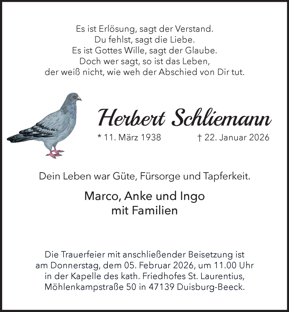  Traueranzeige für Herbert Schliemann vom 31.01.2026 aus Tageszeitung