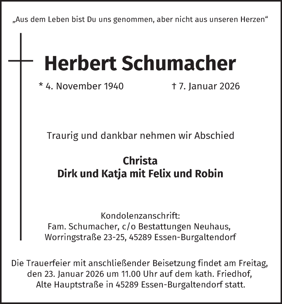  Traueranzeige für Herbert Schumacher vom 17.01.2026 aus Tageszeitung