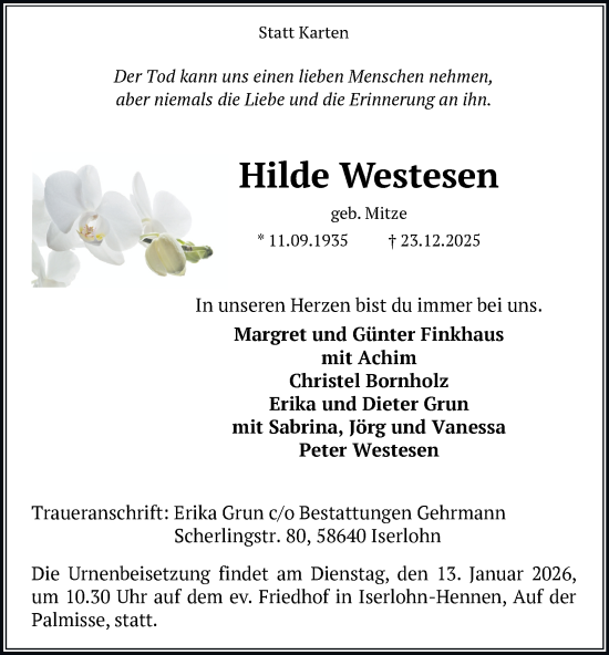 Traueranzeige von Hilde Westesen von Tageszeitung