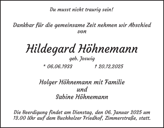 Traueranzeige von Hildegard Höhnemann von Tageszeitung