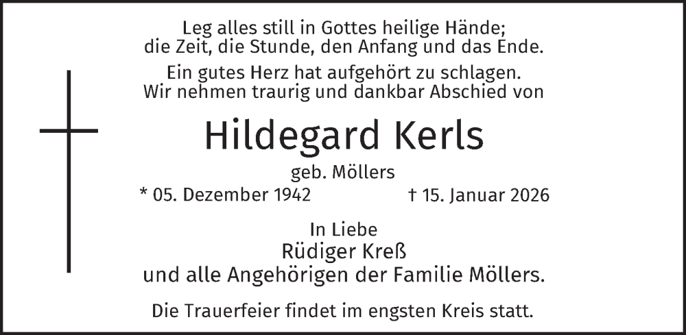  Traueranzeige für Hildegard Kerls vom 24.01.2026 aus Tageszeitung