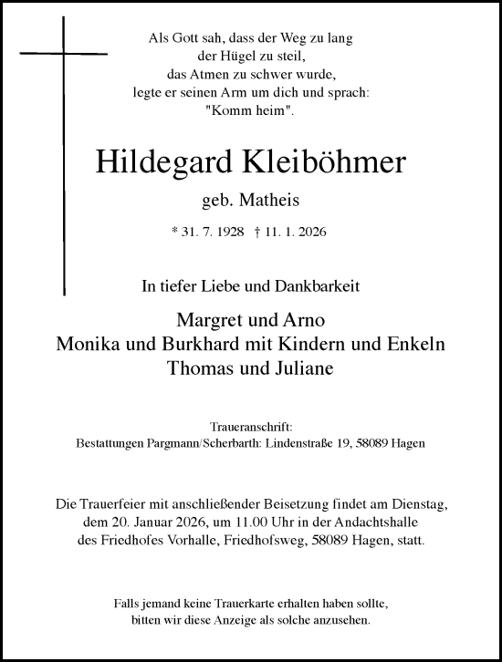 Traueranzeige von Hildegard Kleiböhmer von Tageszeitung