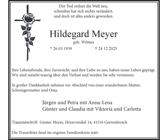 Traueranzeige von Hildegard Meyer von Tageszeitung
